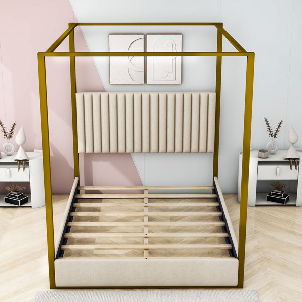 Mercer41 Zara Queen Size Linen Upholstery Canopy Bed with Headboard and ...
